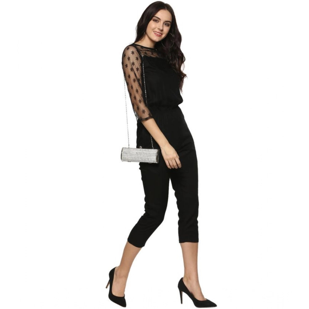 Generic Women's Polyester Self Design 3/4th Sleeve Jumpsuit (Black)