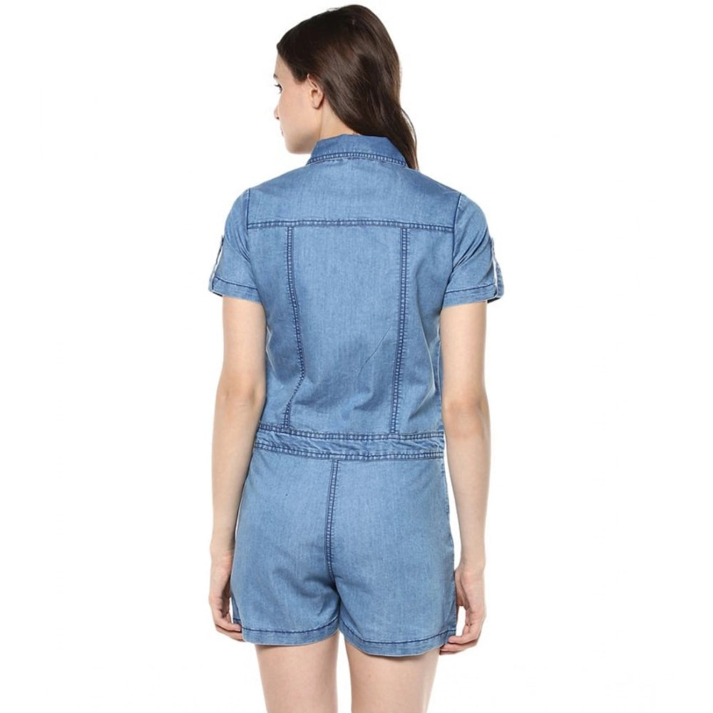 Generic Women's Denim Solid Short Sleeve Jumpsuit (Blue)