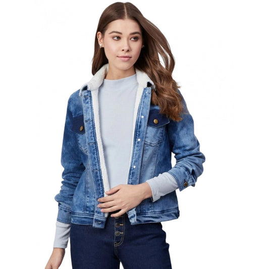 Generic Women's Denim Washed Long Sleeve Jacket (Blue)