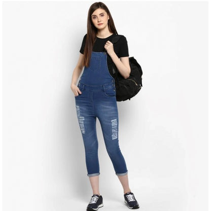 Generic Women's Denim Solid Dungaree Pant (Blue)