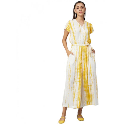 Generic Women's Rayon Striped Short Sleeve Jumpsuit (Yellow - White)