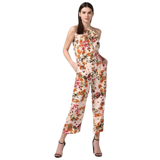 Generic Women's Polyester Floral Halter Jumpsuit (Peach)