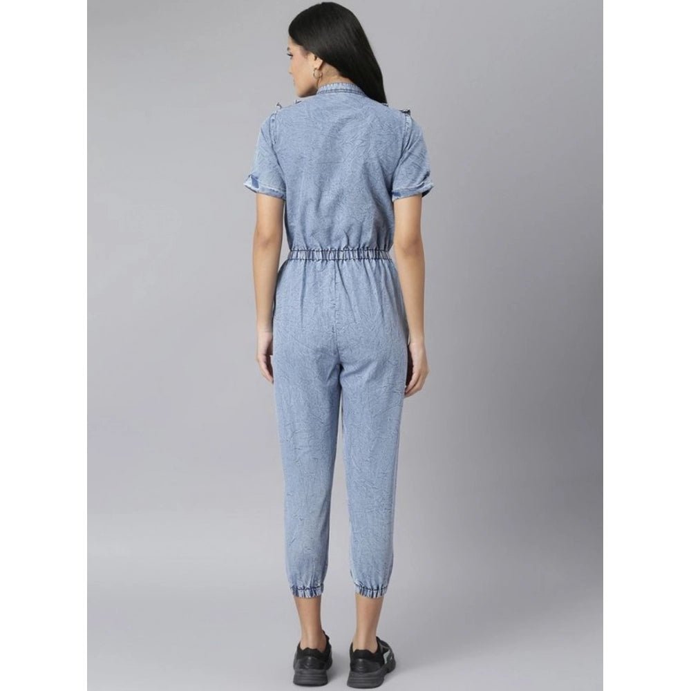 Generic Women's Denim Self Design Tie Ups Jumpsuit (Blue)