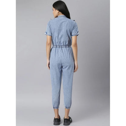 Generic Women's Denim Self Design Tie Ups Jumpsuit (Blue)