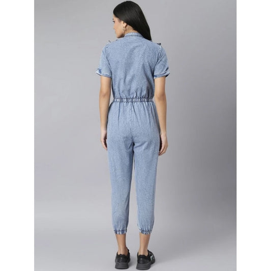 Generic Women's Denim Self Design Tie Ups Jumpsuit (Blue)