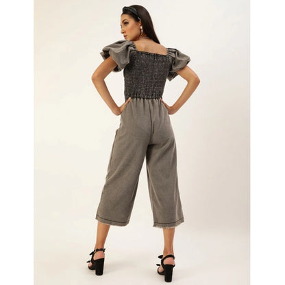 Generic Women's Denim Solid Balloon Sleeve Jumpsuit (Black)