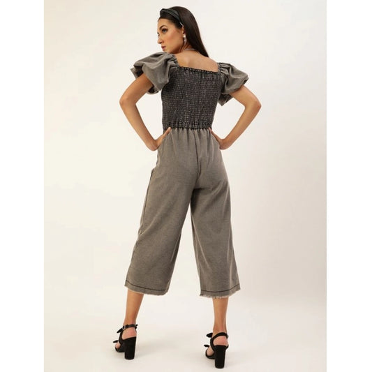 Generic Women's Denim Solid Balloon Sleeve Jumpsuit (Black)
