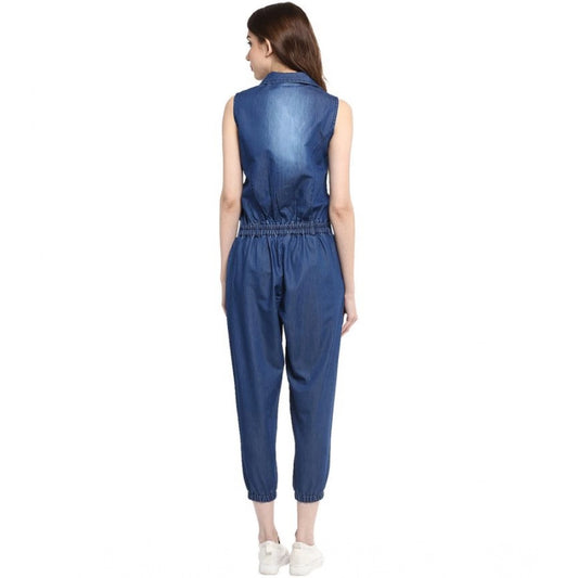 Generic Women's Denim Solid Sleeveless Jumpsuit (Blue)