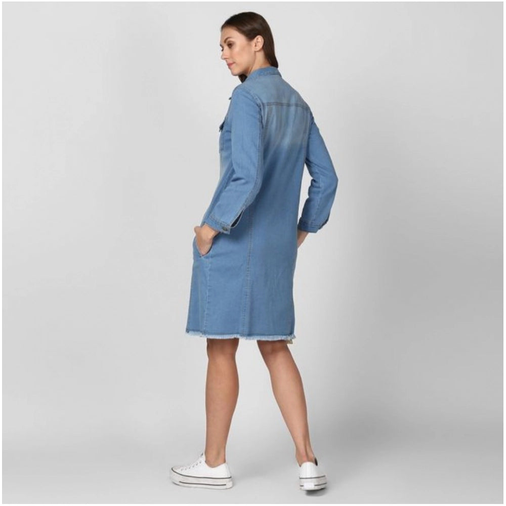 Generic Women's Denim Washed Long Sleeve Jacket (Blue)