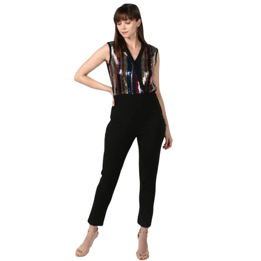 Generic Women's Polyester Embellished Sleeveless Jumpsuit (Black)