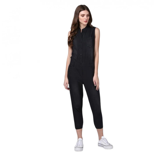 Generic Women's Denim Solid Sleeveless Jumpsuit (Black)