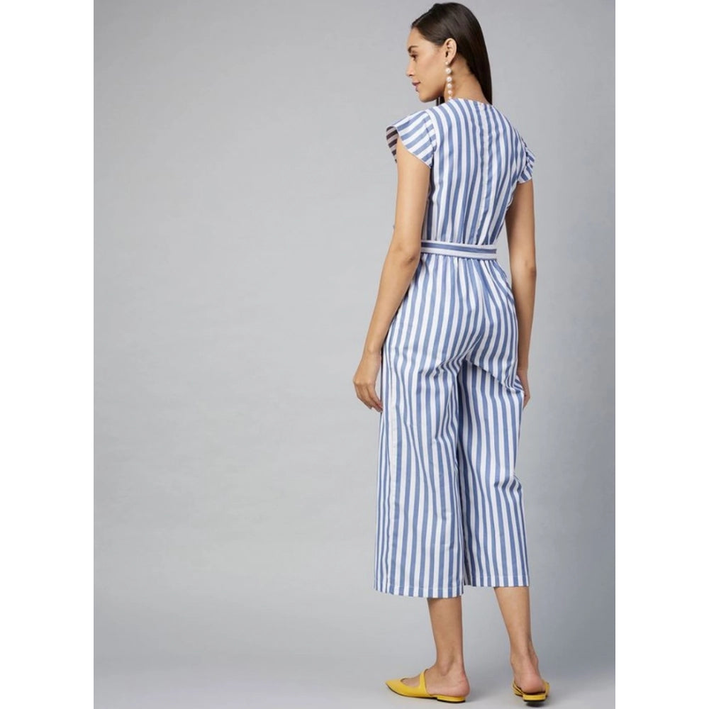 Generic Women's Cotton-Polyester Blend Striped Short Sleeve Jumpsuit (Blue)