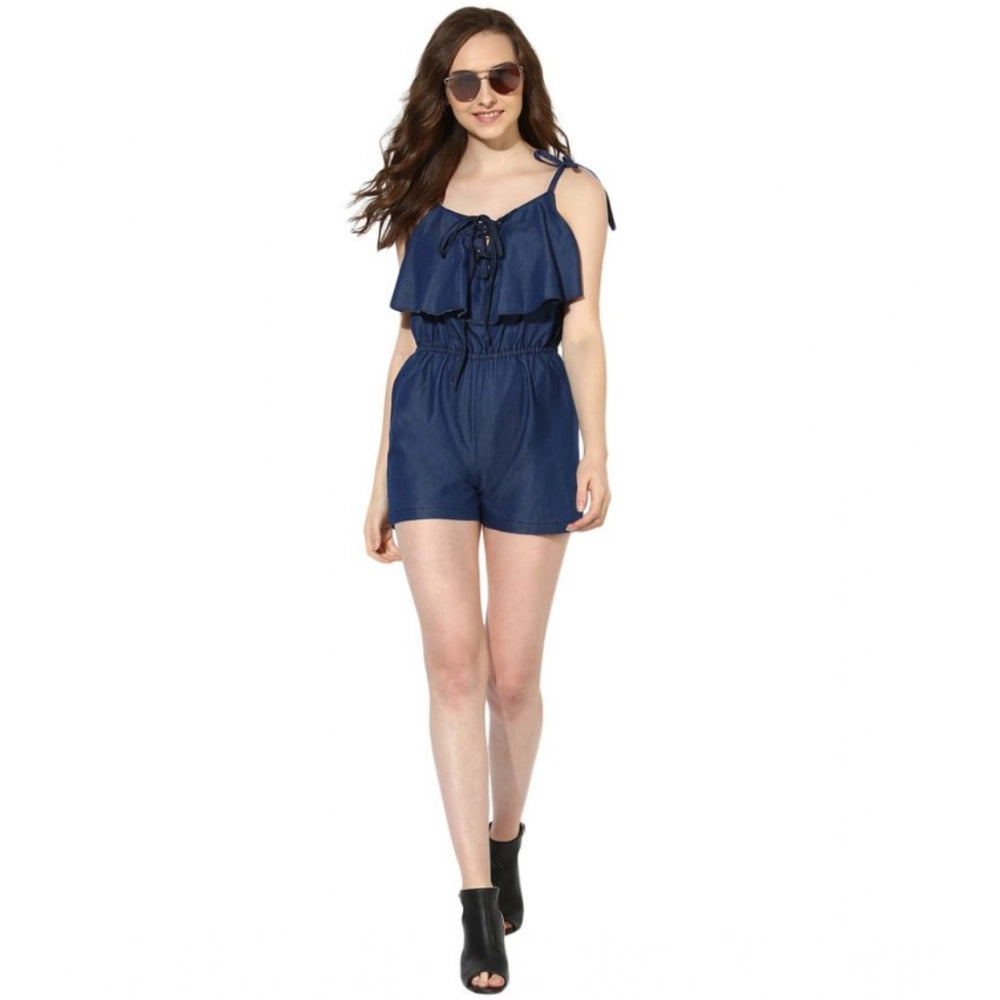 Generic Women's Denim Ruffled Shoulder Straps Jumpsuit (Blue)