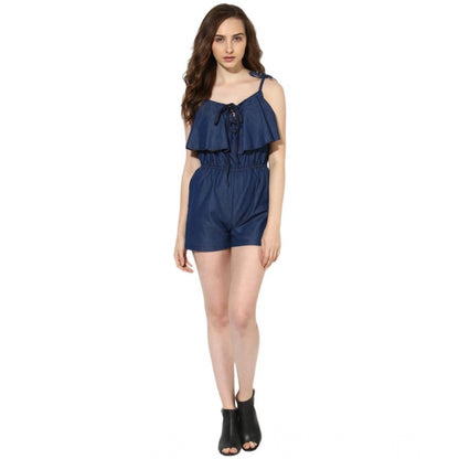 Generic Women's Denim Ruffled Shoulder Straps Jumpsuit (Blue)