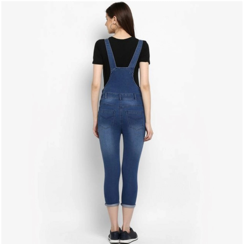 Generic Women's Denim Solid Dungaree Pant (Blue)