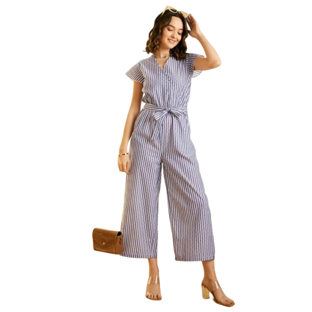Generic Women's Cotton Chambray Striped Short Sleeve Jumpsuit (Blue)