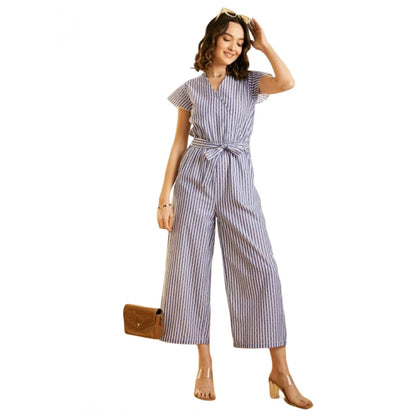 Generic Women's Cotton Chambray Striped Short Sleeve Jumpsuit (Blue)