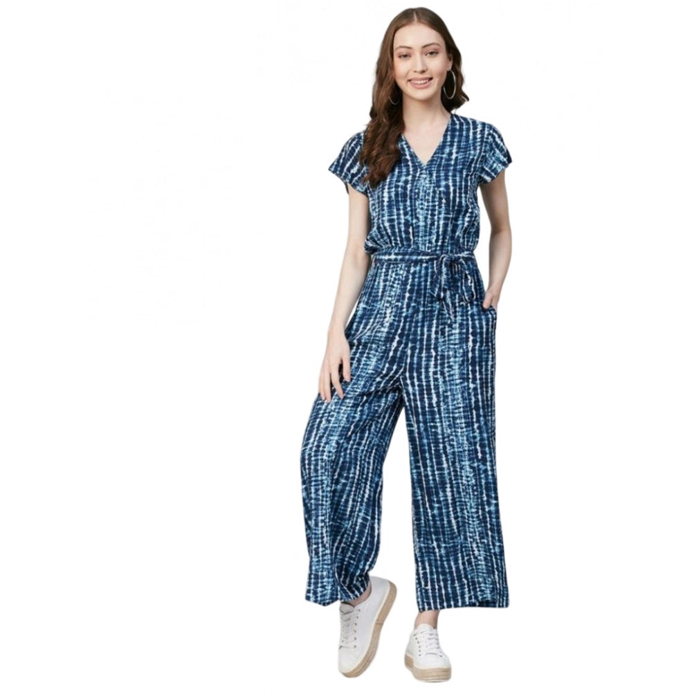 Generic Women's Rayon Tie &amp; Dye Short Sleeve Jumpsuit (Blue)