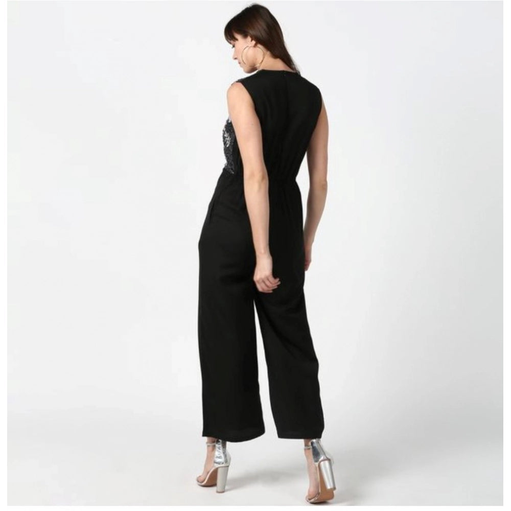 Generic Women's Polyester Embroidered Sleeveless Jumpsuit (Black)