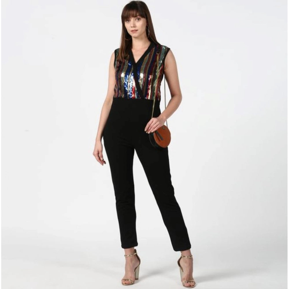 Generic Women's Polyester Embellished Sleeveless Jumpsuit (Black)