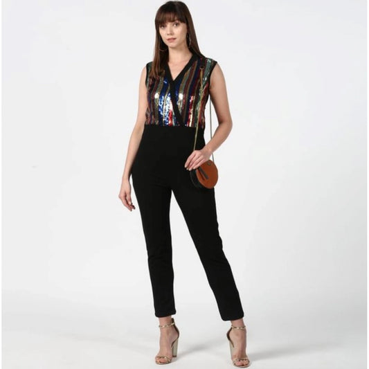 Generic Women's Polyester Embellished Sleeveless Jumpsuit (Black)