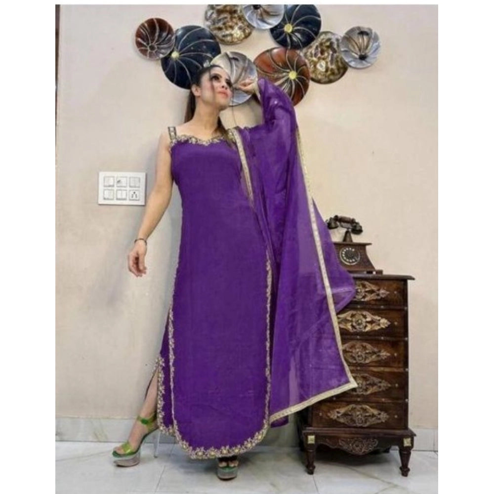 Generic Women's Georgette Embroidery Sleeveless Round Neck Kurti, Palazzo And Dupatta Set (Purple)