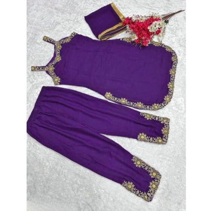 Generic Women's Georgette Embroidery Sleeveless Round Neck Kurti, Palazzo And Dupatta Set (Purple)