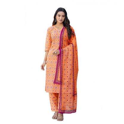 Generic Women's Cotton Blend Printed Kurti With Pant Dupatta Set (Coral)