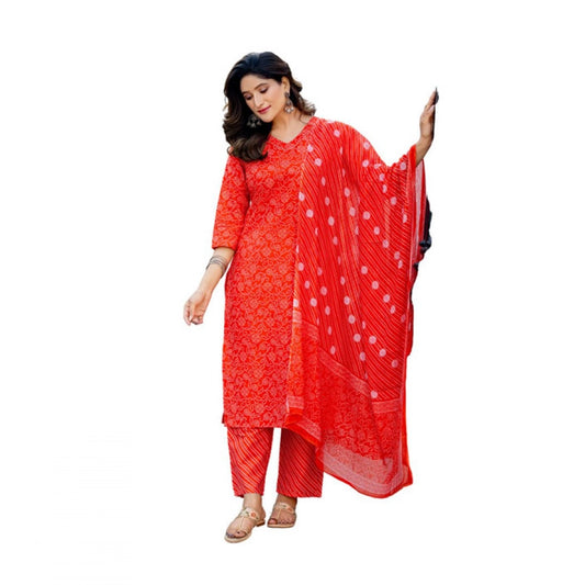 Generic Women's Cotton Blend Printed Kurti With Pant Dupatta Set (Orange)