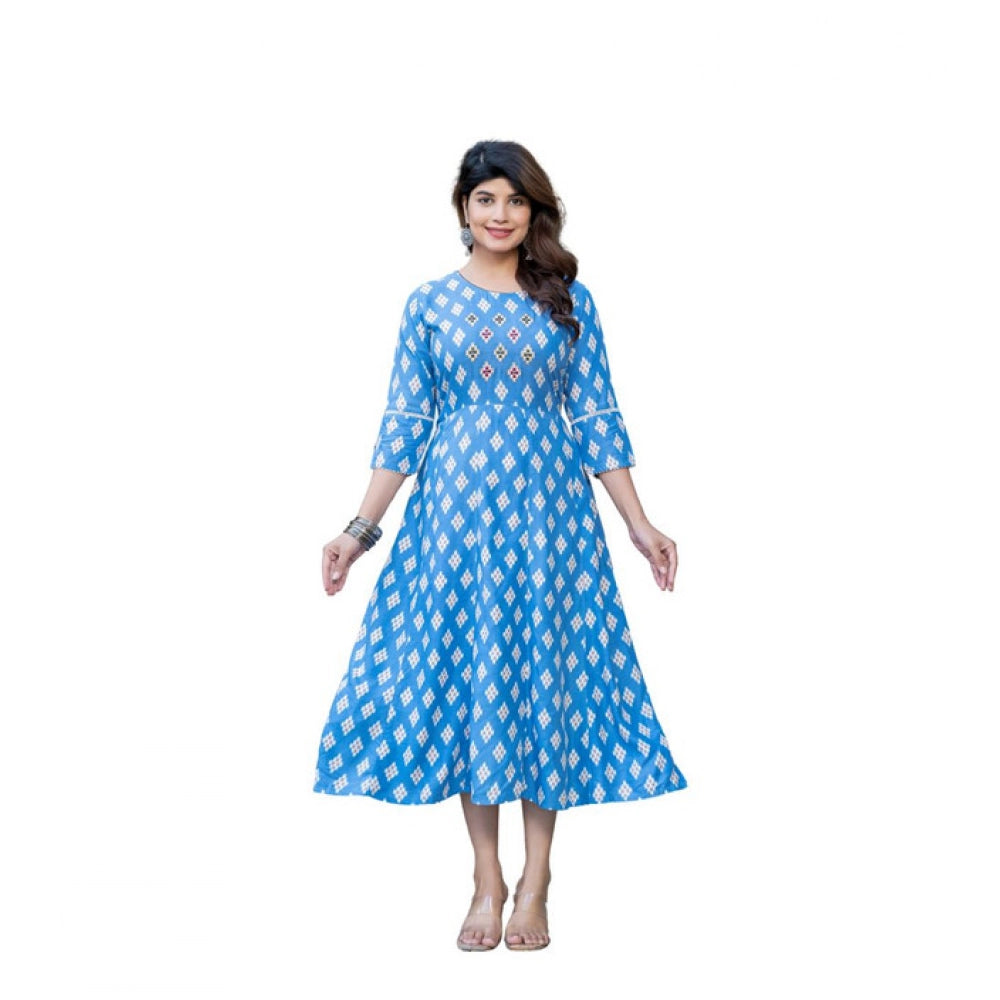 Generic Women's Rayon Print With Embroidery Work A-Line Kurti (Sky Blue)