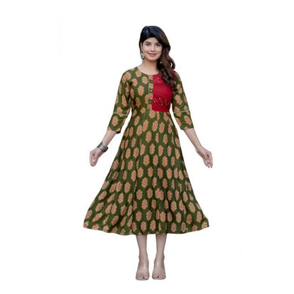 Generic Women's Rayon Print With Embroidery Work A-Line Kurti (Dark Green)