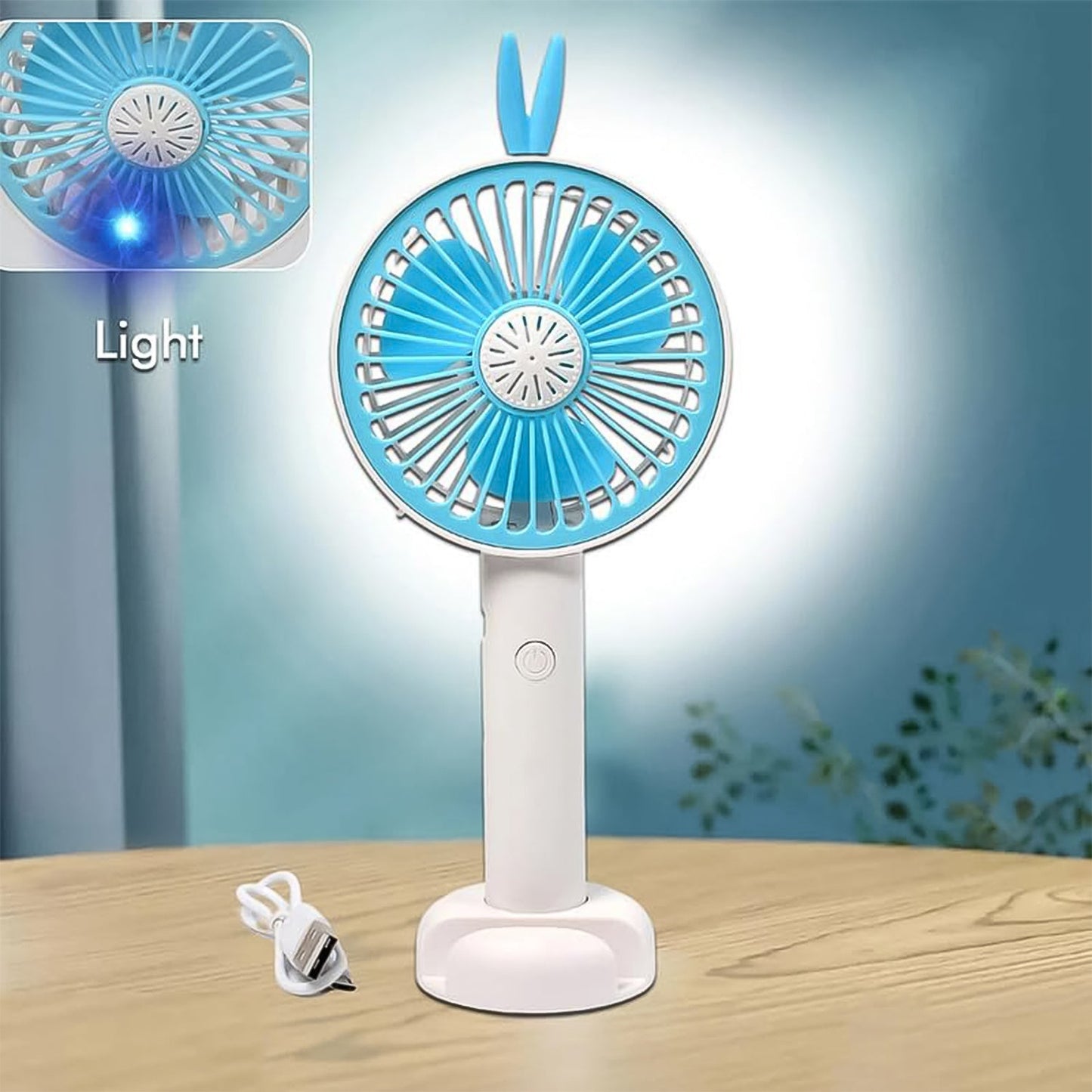 Mini Portable Hand Fan USB Rechargeable Fan With Led Light Fan for Indoor and Outdoor Use by Women and Men Table Standing Stand Included (Battery Not Include)