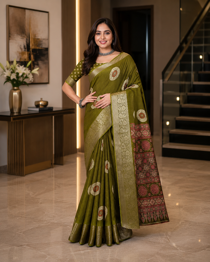 Women's Art Silk Printed Saree With Unstitched Blouse 5.5Mtr (Mehendi)