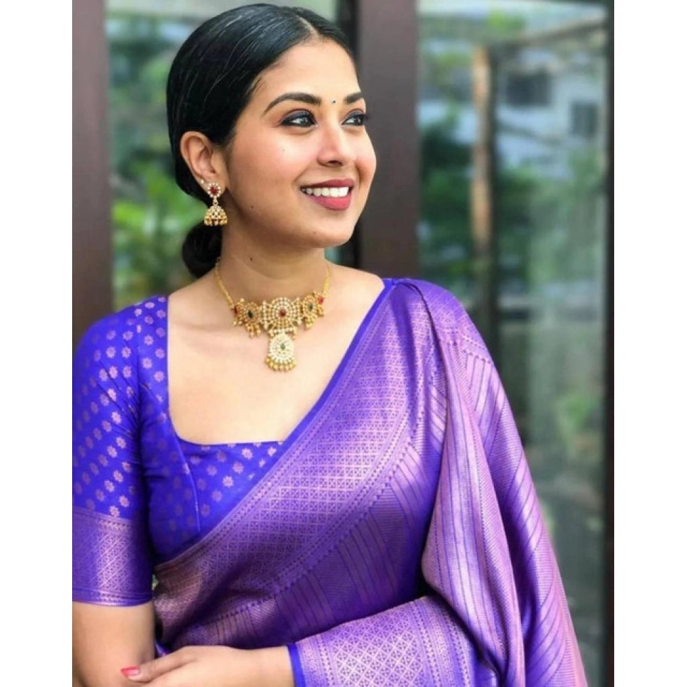 Generic Women's Litchi silk Printed Saree With Unstitched Blouse (Purple)