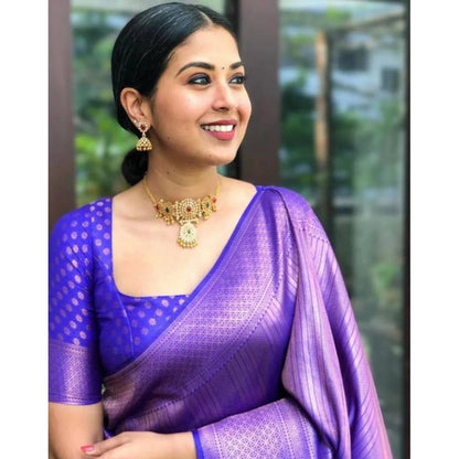 Generic Women's Litchi silk Printed Saree With Unstitched Blouse (Purple)