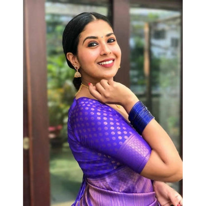 Generic Women's Litchi silk Printed Saree With Unstitched Blouse (Purple)