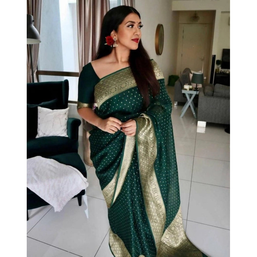 Generic Women's Litchi silk Printed Saree With Unstitched Blouse (Green)