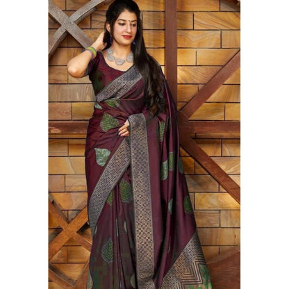 Generic Women's Litchi silk Printed Saree With Unstitched Blouse (Maroon)