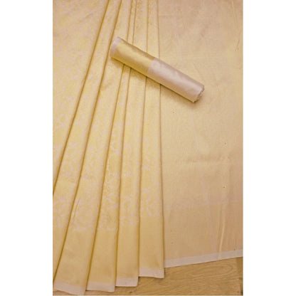 Generic Women's Litchi silk Printed Saree With Unstitched Blouse (Gold)