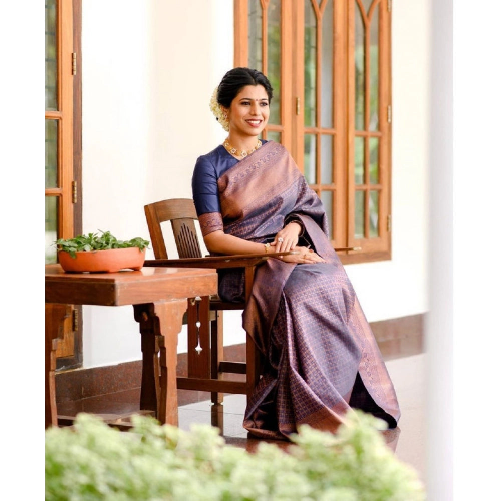 Generic Women's Litchi silk Printed Saree With Unstitched Blouse (Navy Blue)