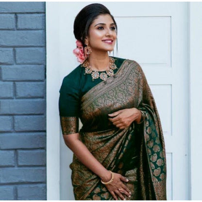 Generic Women's Litchi silk Printed Saree With Unstitched Blouse (Green)