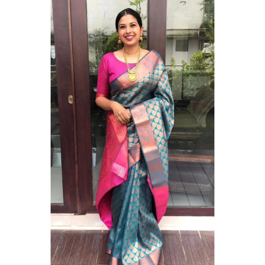 Generic Women's Litchi silk Printed Saree With Unstitched Blouse (Blue)