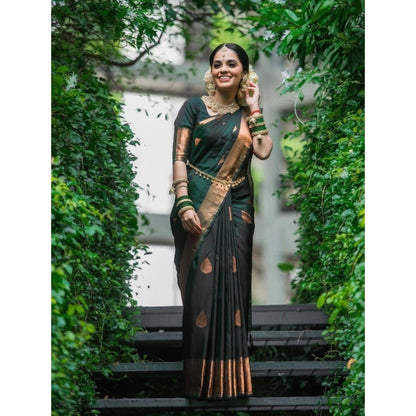 Generic Women's Litchi silk Printed Saree With Unstitched Blouse (Green)