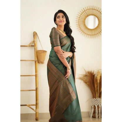 Generic Women's Litchi silk Printed Saree With Unstitched Blouse (Green)