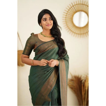 Generic Women's Litchi silk Printed Saree With Unstitched Blouse (Green)