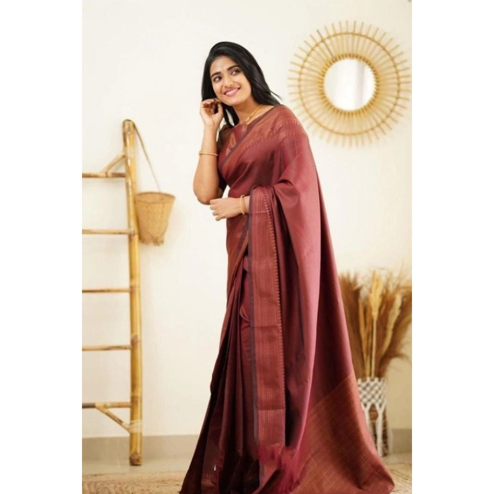 Generic Women's Litchi silk Printed Saree With Unstitched Blouse (Maroon)