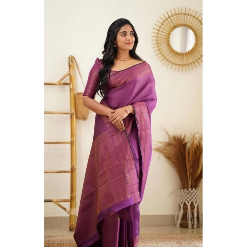Generic Women's Litchi silk Printed Saree With Unstitched Blouse (Purple)