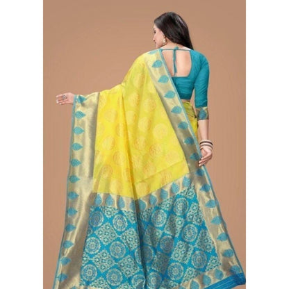 Generic Women's Litchi silk Printed Saree With Unstitched Blouse (Yellow)