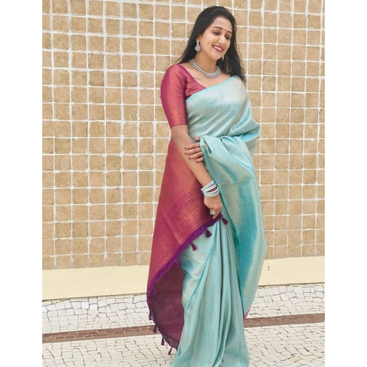 Generic Women's Litchi silk Printed Saree With Unstitched Blouse (Blue)