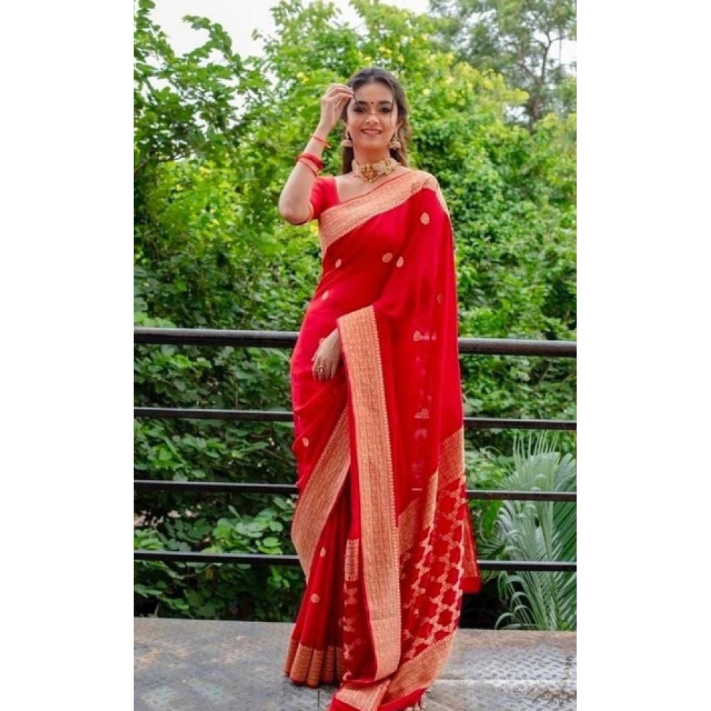 Generic Women's Litchi silk Printed Saree With Unstitched Blouse (Red)